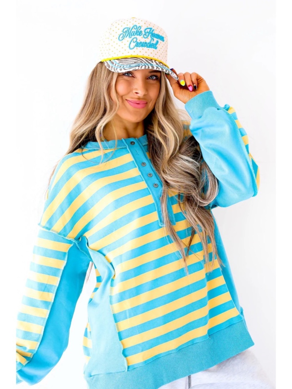 Sz M New’m Oversized Bright Side Blue & Yellow Half Button Striped Pullover NWOT - Picture 5 of 6